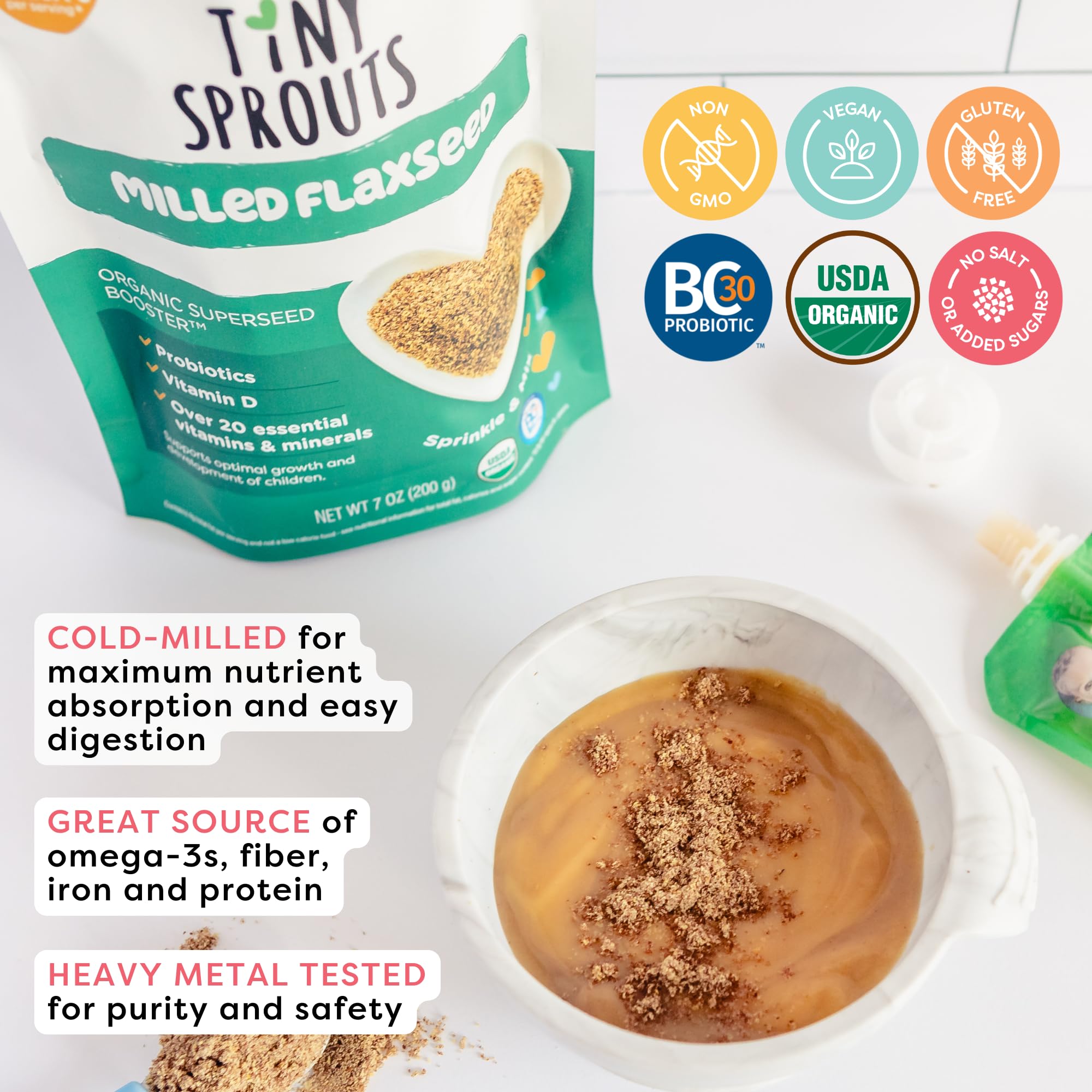 Tiny Sprouts bottle label close-up communicates full probiotic and vitamin D3 benefits.