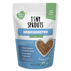 Tiny Sprouts Brain Boosters bottle front showing organic seeds for daily brain-friendly nutrition.