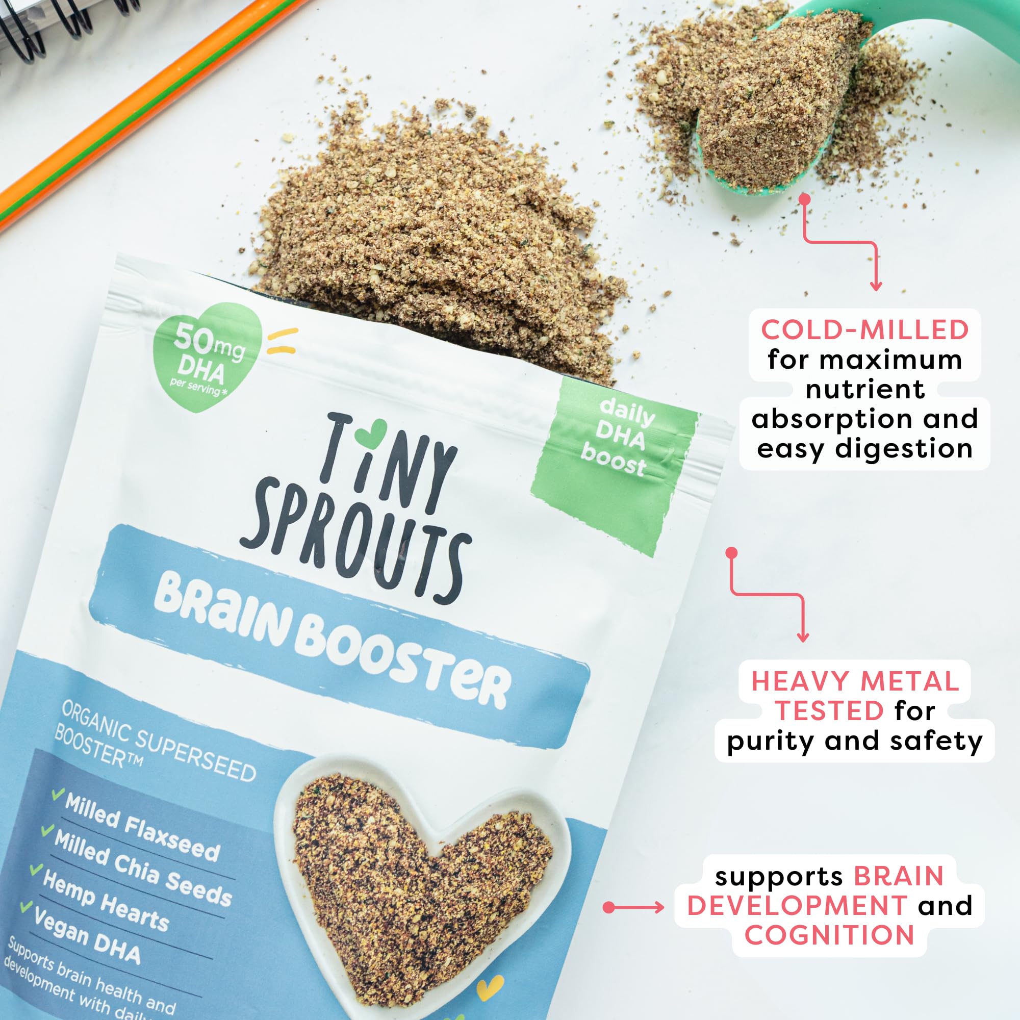 Tiny Sprouts Brain Boosters in yogurt, a mild kid-friendly boost.