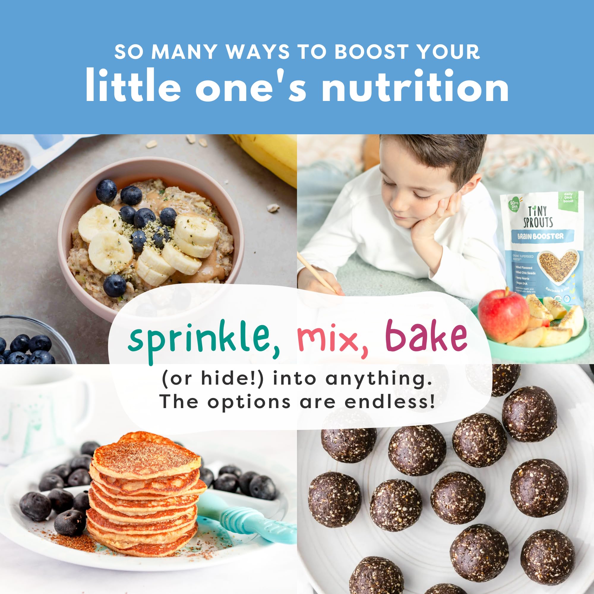 Tiny Sprouts Brain Boosters kid snack, convenient and nutritious.