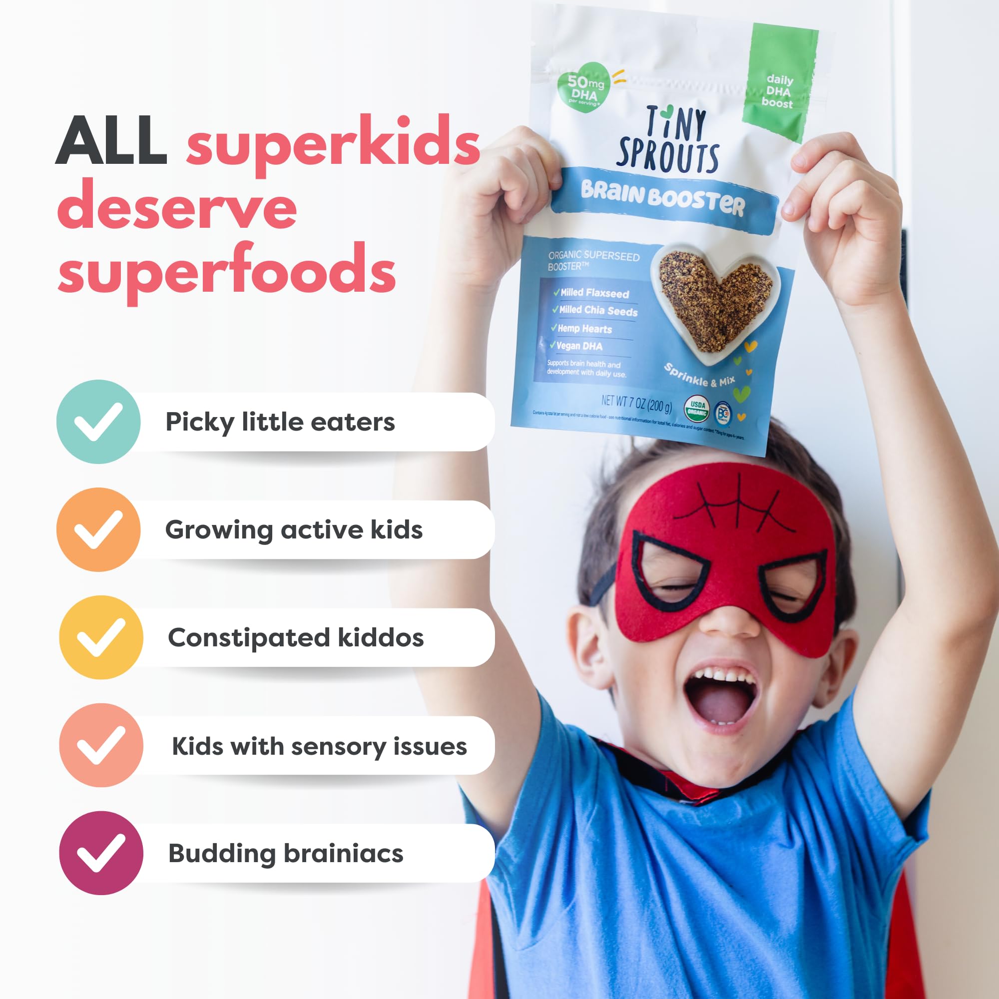 Tiny Sprouts Brain Boosters oatmeal bowl with seeds adds omega-3 and fiber.