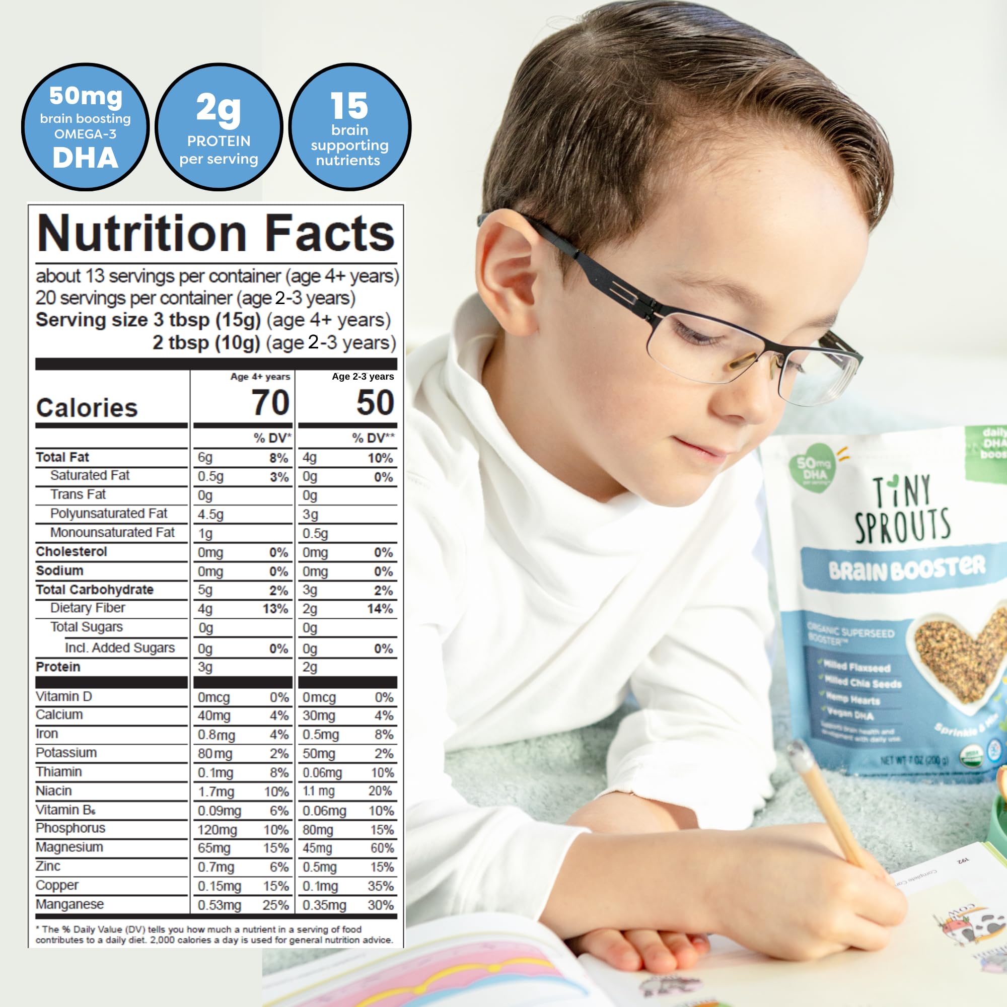 Tiny Sprouts Brain Boosters packaging close-up highlighting clean, organic seed blend.