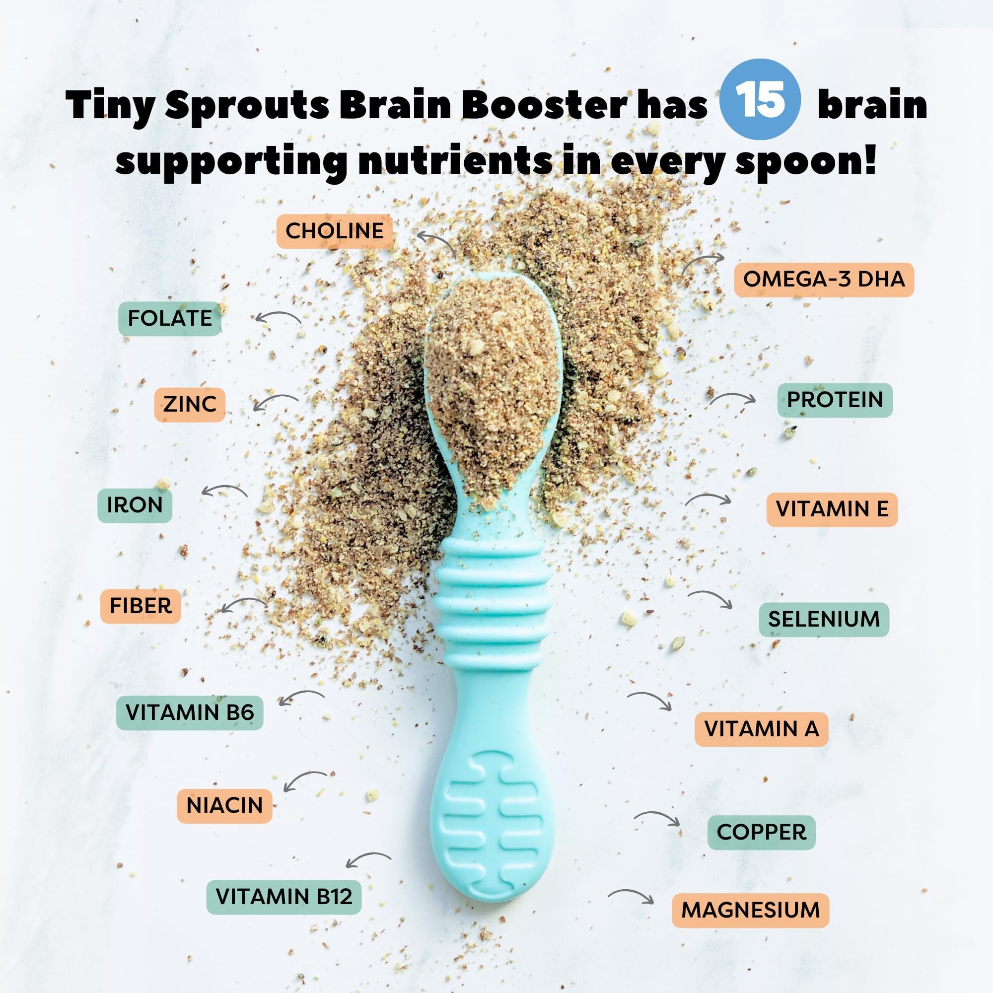 Tiny Sprouts Brain Boosters seed texture close-up, fine and blendable.