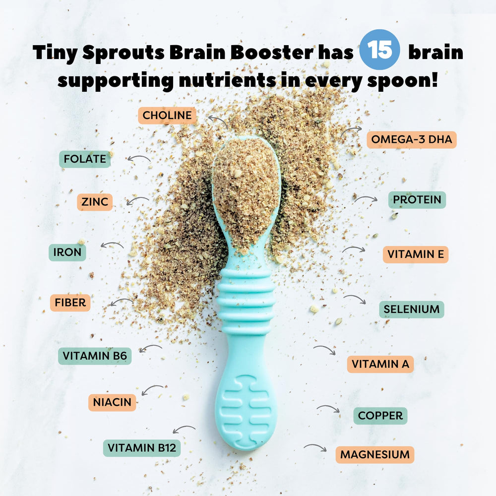 Tiny Sprouts Brain Boosters seed texture close-up, fine and blendable.