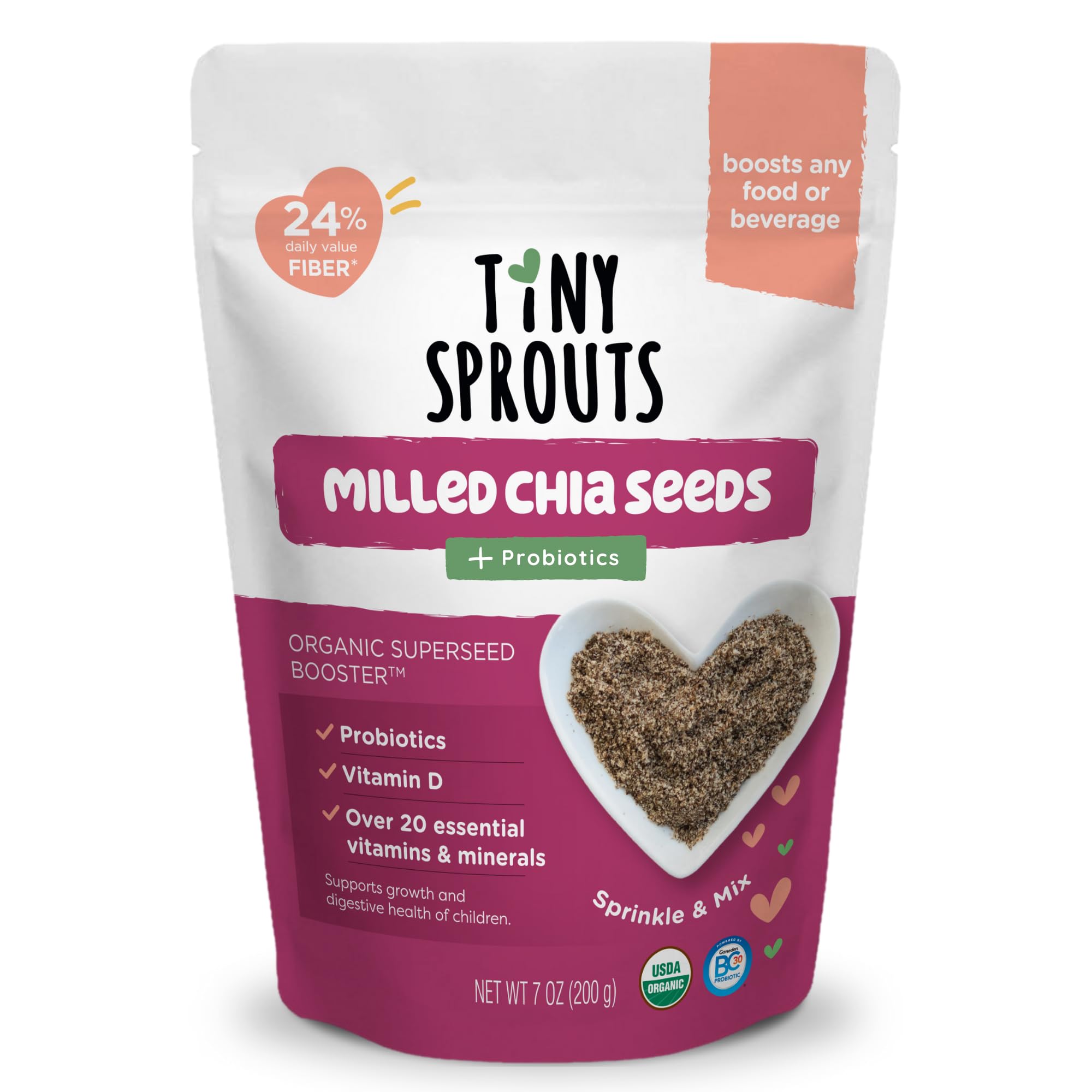 Tiny Sprouts chia seed booster pack front showing organic ingredients for kids