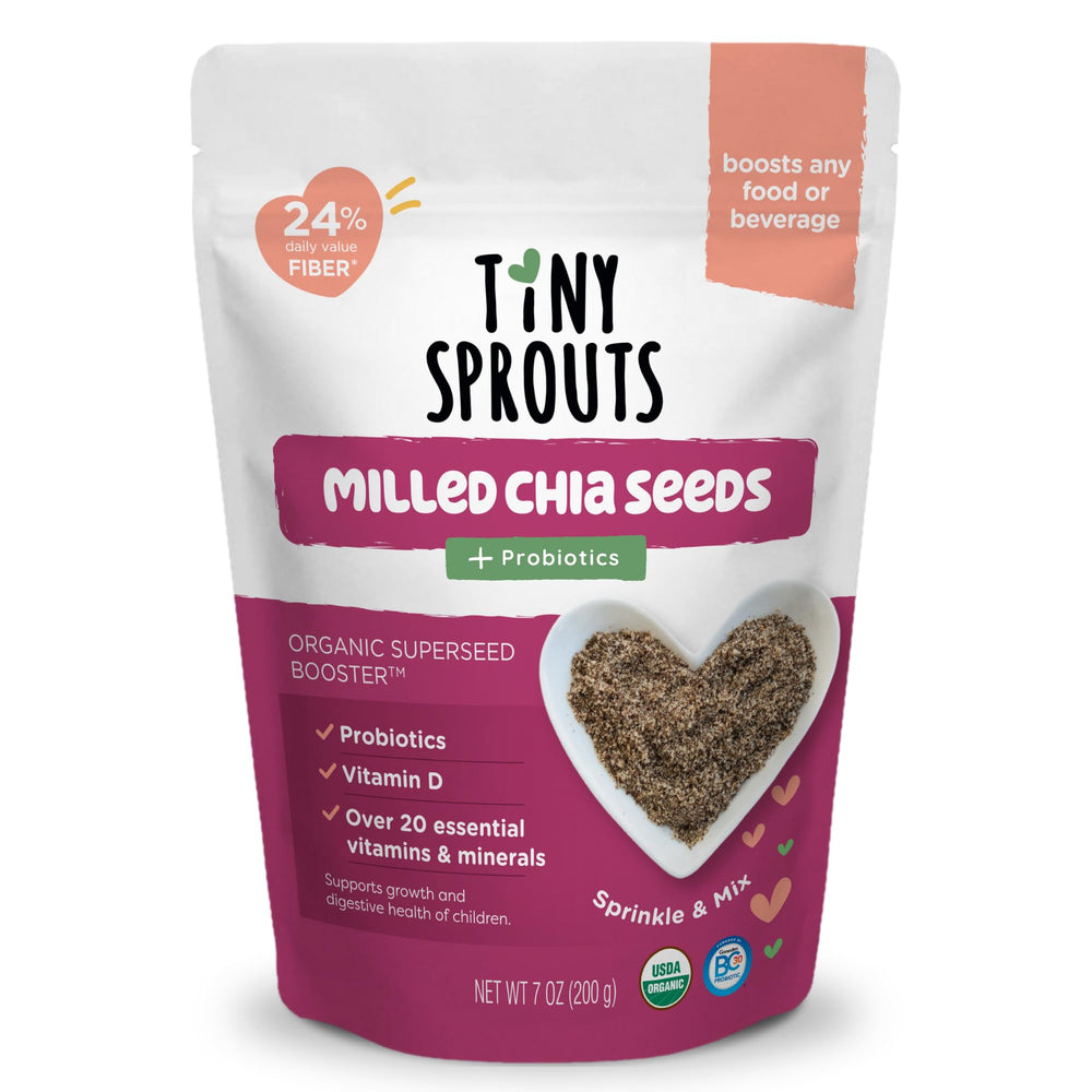 Tiny Sprouts chia seed booster pack front showing organic ingredients for kids