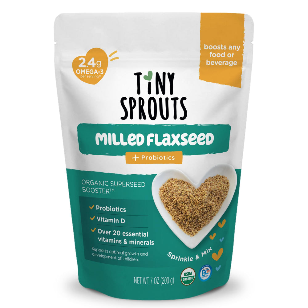 Tiny Sprouts Organic flaxseed bottle open highlights omega-3 boost for growing brains.