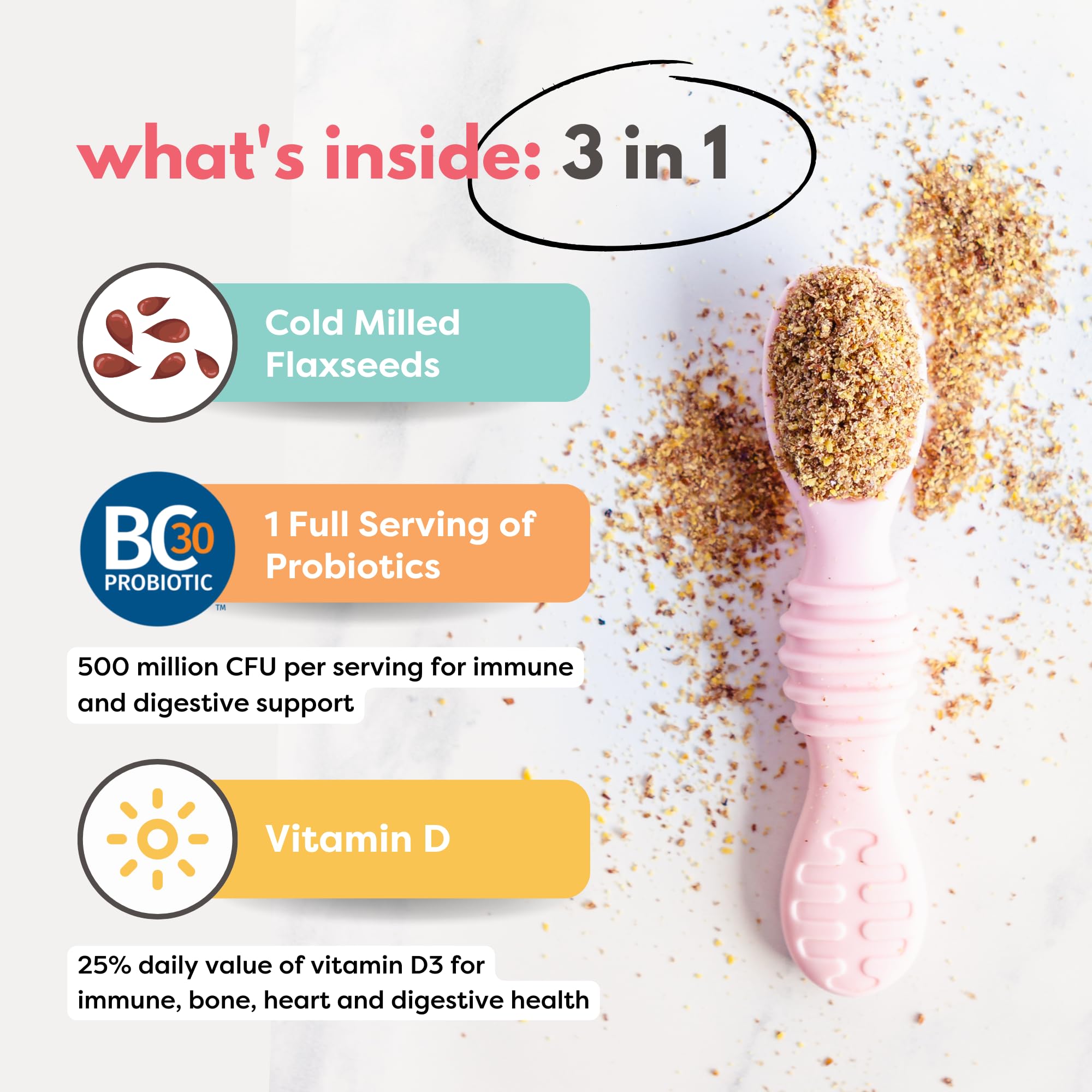 Tiny Sprouts flaxseed powder being scooped into a smoothie for kid-friendly nutrition.
