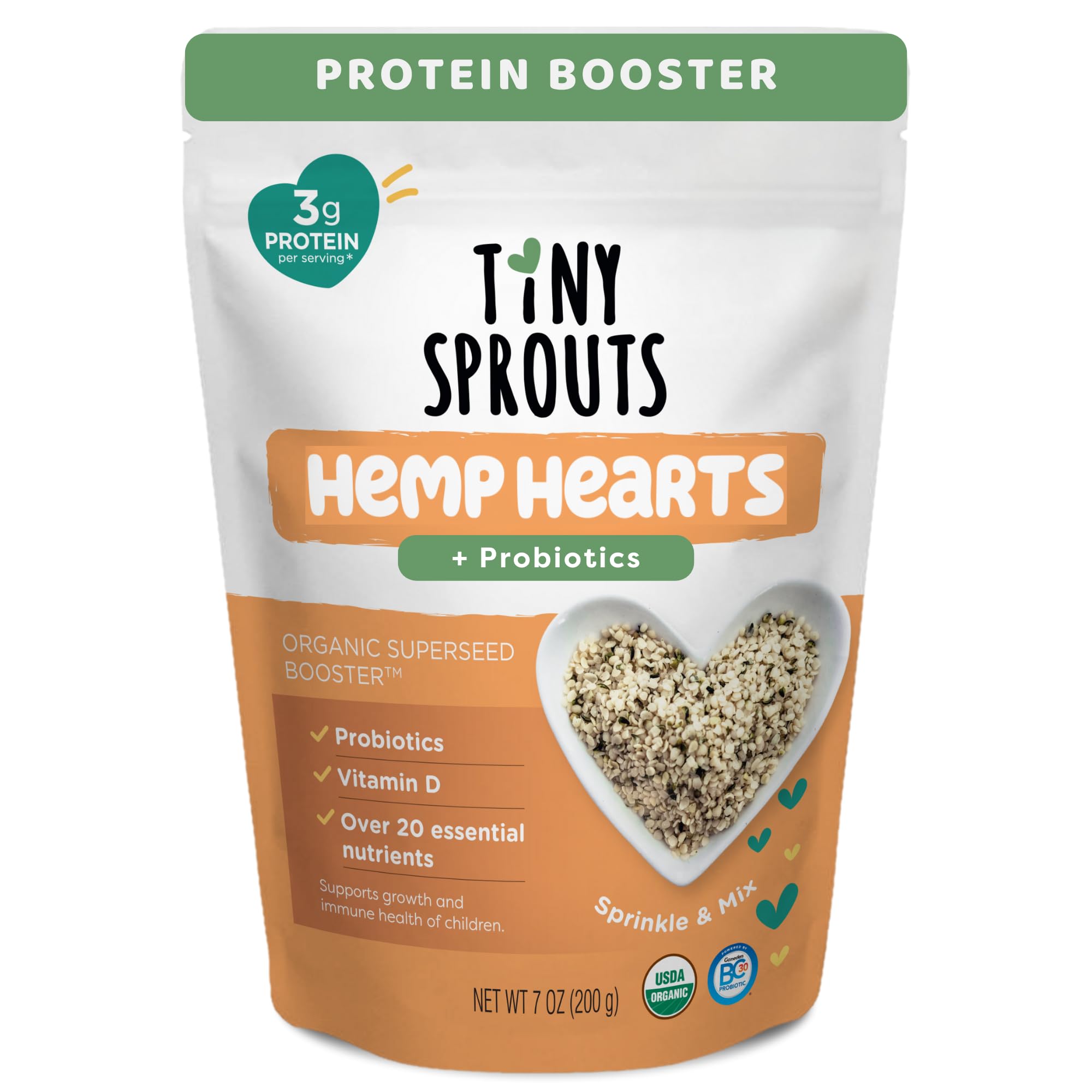 Tiny Sprouts Hemp Hearts bottle pouring to highlight plant protein and minerals.