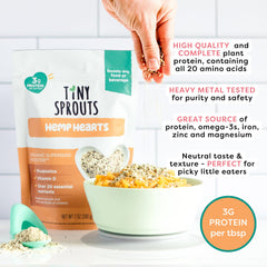 Tiny Sprouts Measuring spoon scoops hemp hearts for easy serving.