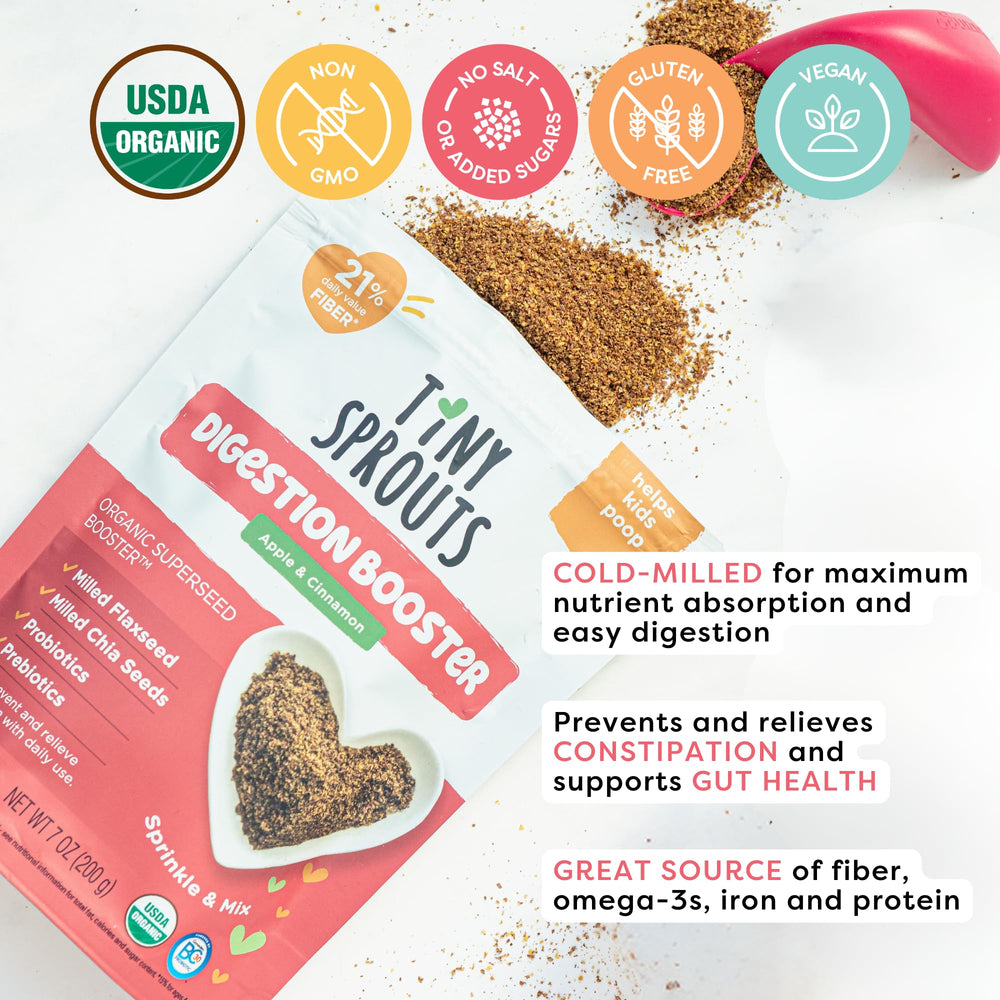 Close-up of Tiny Sprouts packaging showing easy-to-mix fiber.