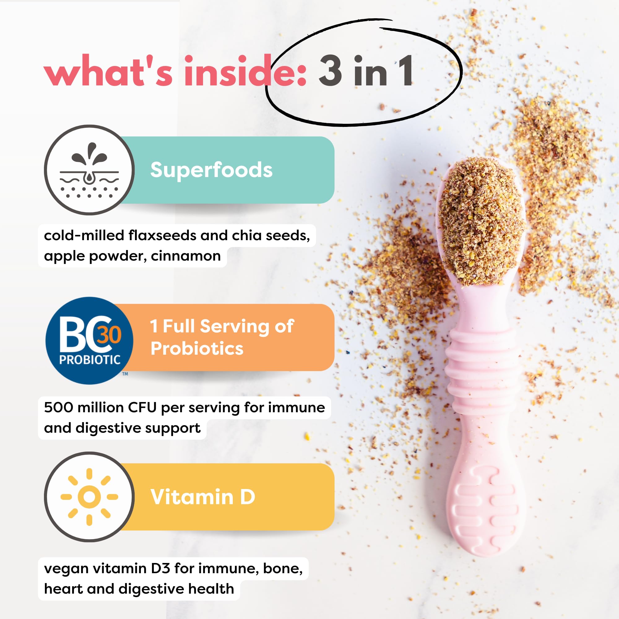 Tiny Sprouts probiotic and Vitamin D3 on packaging for daily nutrition.