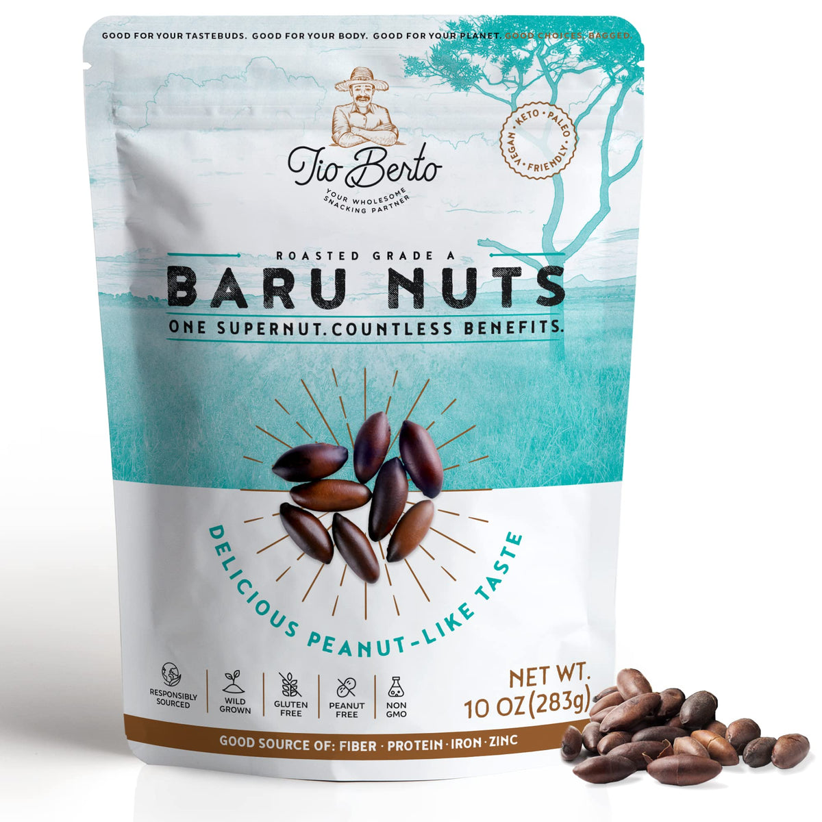 Tio Berto Baru Nuts Roasted in a resealable 10 oz bag for on-the-go snacking.