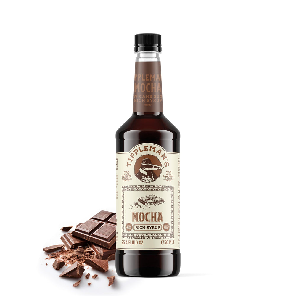 Tippleman's Mocha Syrup bottle shows rich chocolate aroma for coffee and desserts.