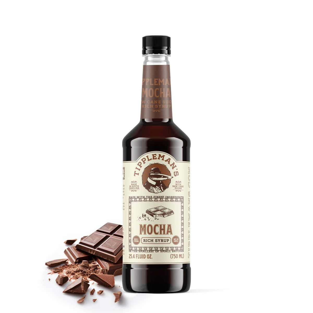 Tippleman's Mocha Syrup bottle shows rich chocolate aroma for coffee and desserts.