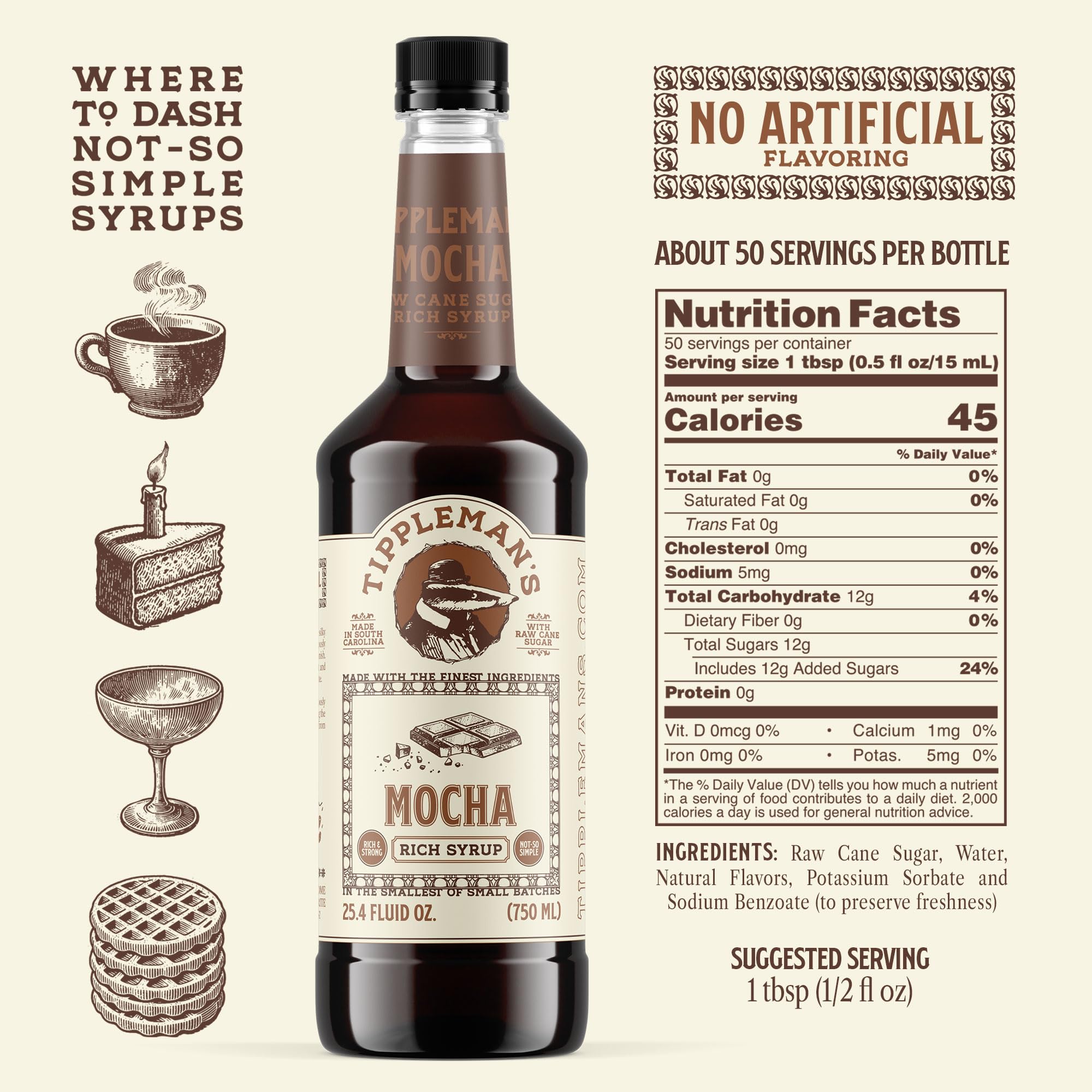 Close-up of Tippleman's Mocha Syrup being poured into a latte.