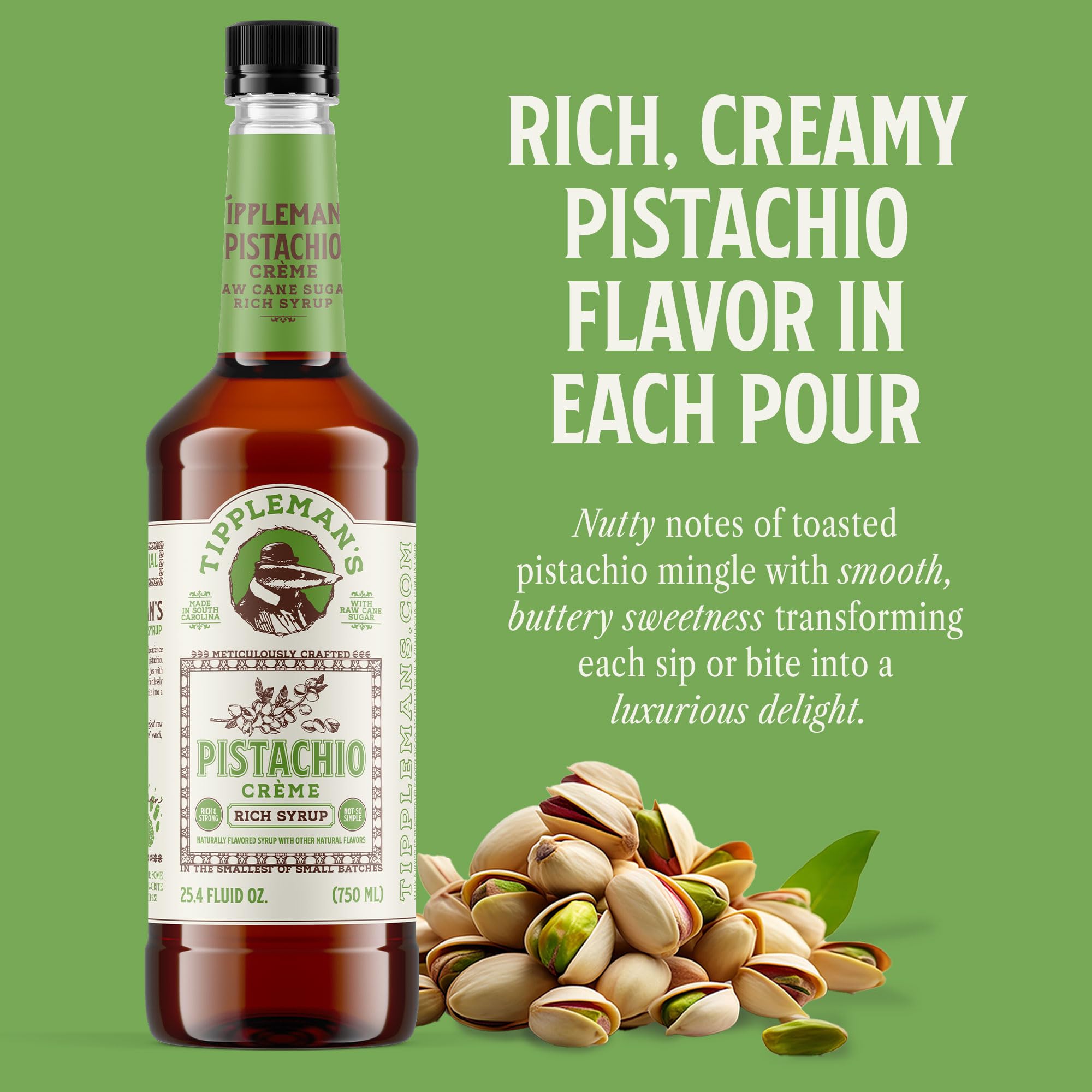 Tippleman's Pistachio Créme Syrup pump-fit bottle ensures easy, mess-free dispensing.