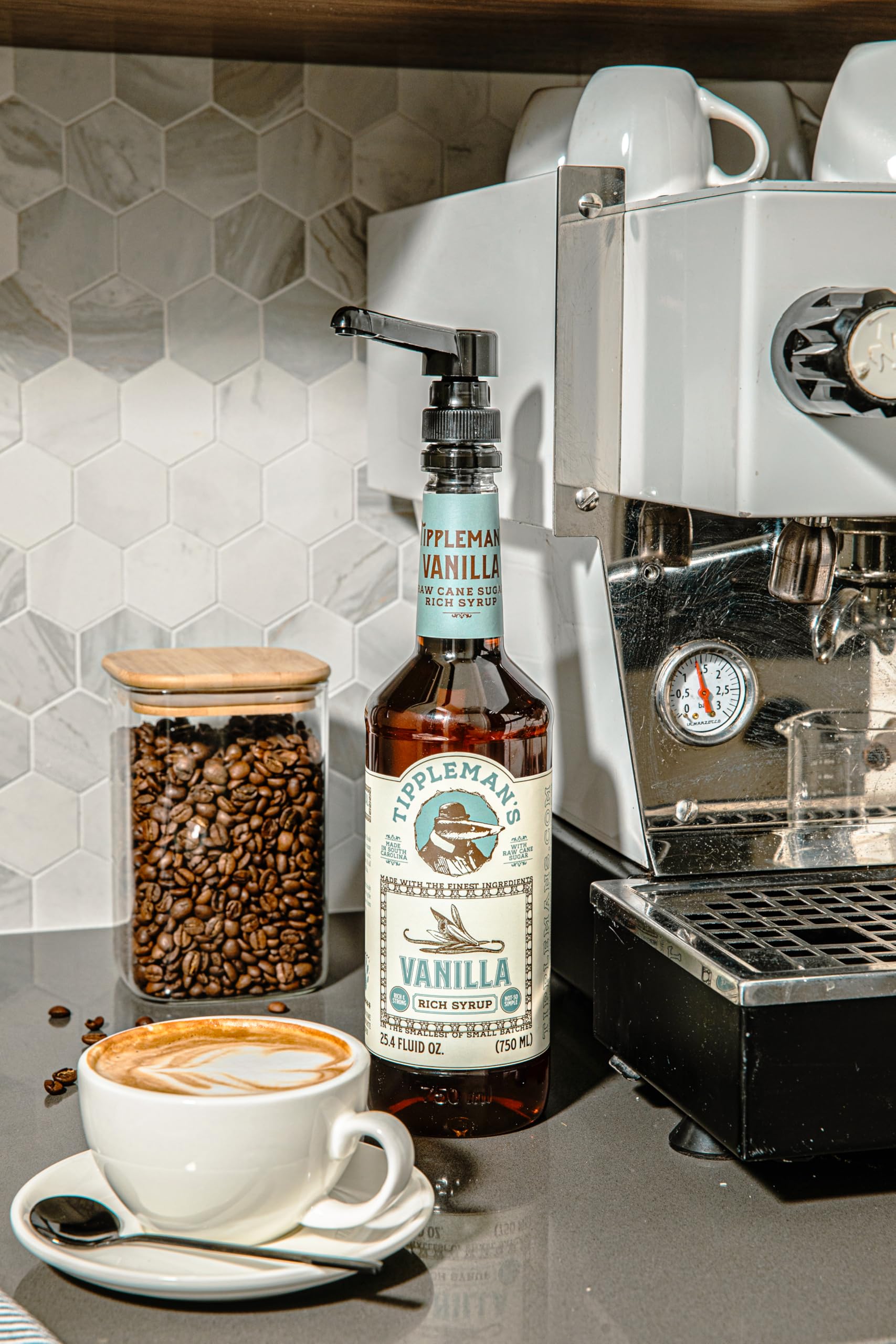 Tippleman's Vanilla Coffee Syrup on cafe counter ready for use
