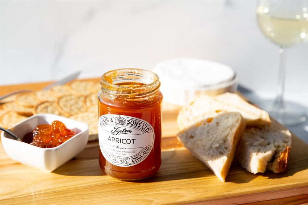 Tiptree Apricot Preserve close-up with large apricot pieces.