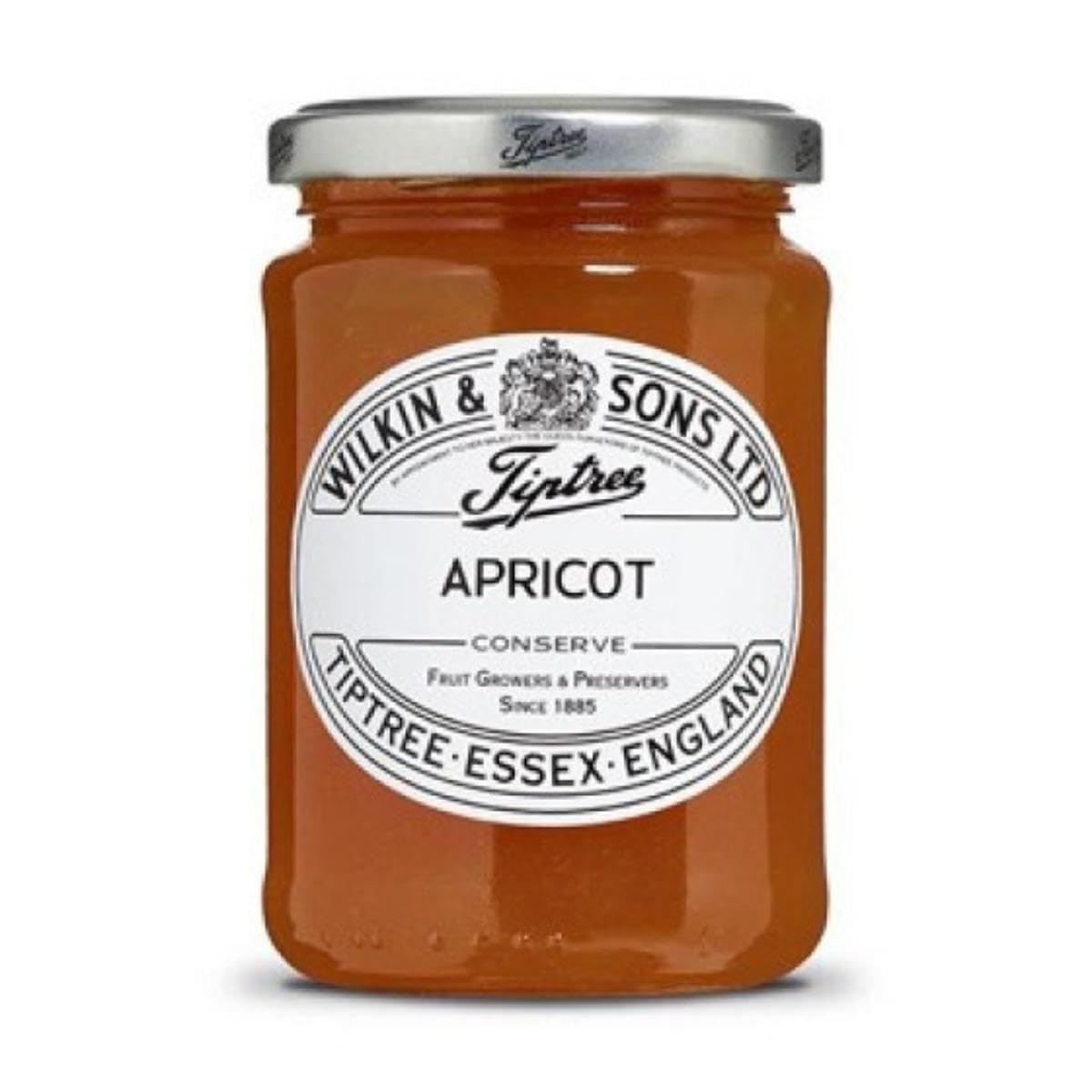 Tiptree Apricot Preserve label detail showing gluten-free and vegan notes.