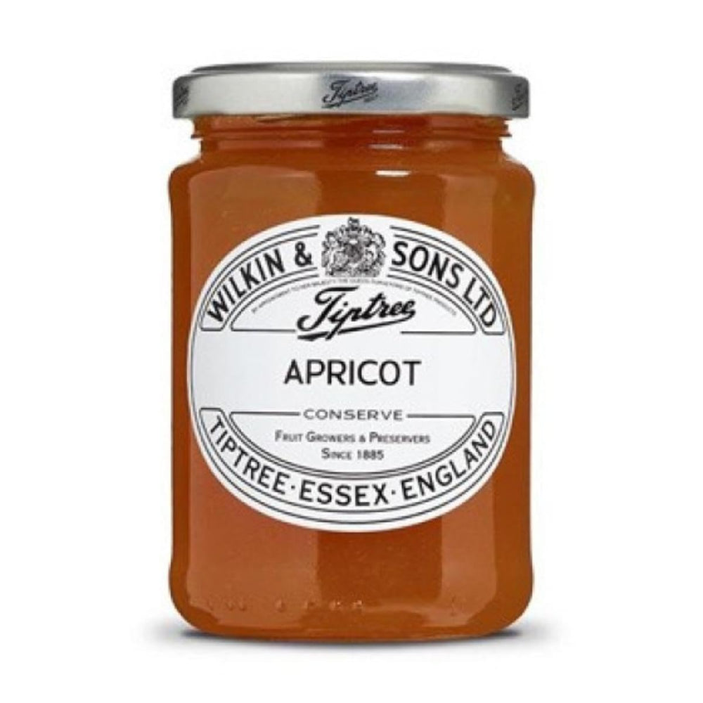 Tiptree Apricot Preserve label detail showing gluten-free and vegan notes.