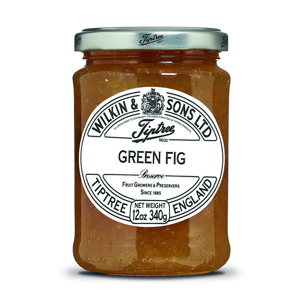 Tiptree Green Fig Preserve jar close-up, glossy figs perfect for spreading on toast.