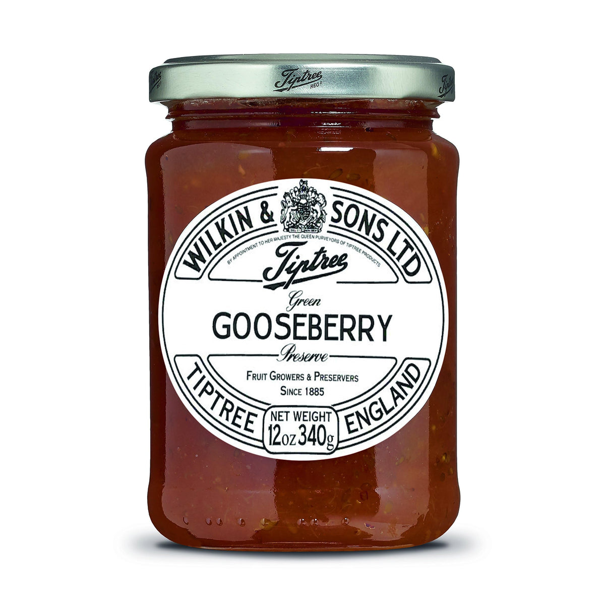 Tiptree Green Gooseberry Preserve jar close-up highlights premium ingredients and artisan craft.