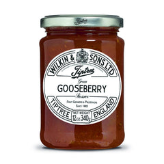 Tiptree Green Gooseberry Preserve jar close-up highlights premium ingredients and artisan craft.