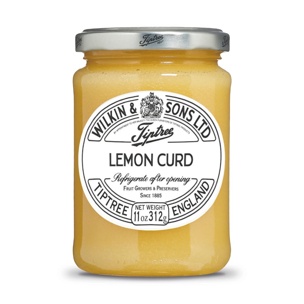 Tiptree Lemon Curd jar with vibrant label, ideal for toast and pastries.