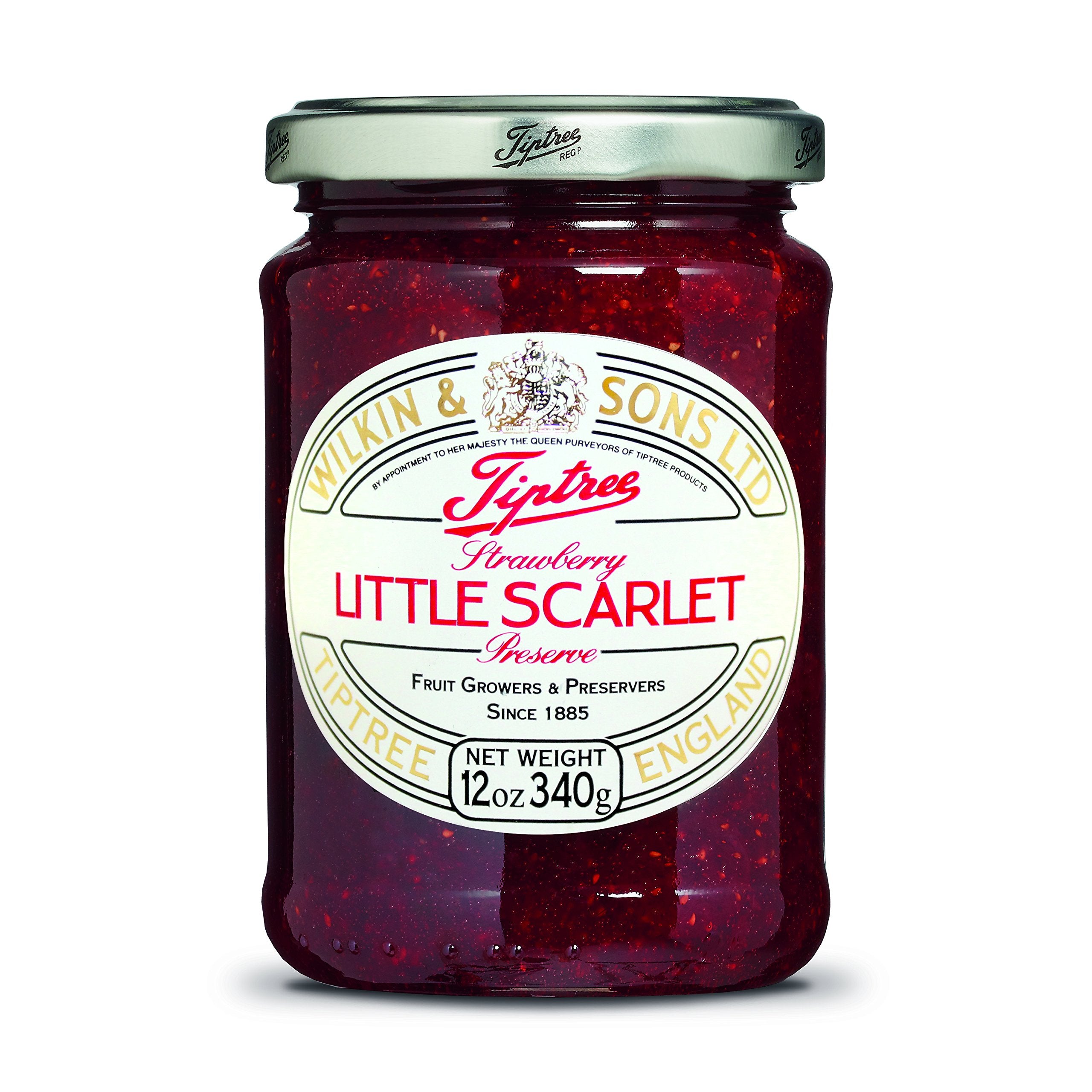 Tiptree Little Scarlet strawberry preserve in a 12 oz jar ideal for toast, scones, and pastries.