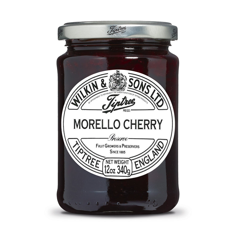 Tiptree Morello Cherry Preserve jar, rich cherries ready to spread on toast or biscuits.