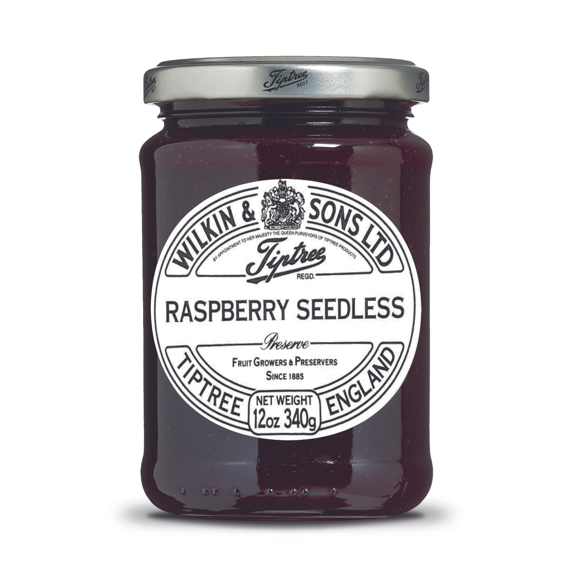 Tiptree Raspberry Seedless Preserve jar with smooth texture, ideal for toast or pastries.