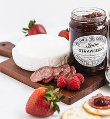 Close-up of Tiptree Strawberry Preserve ingredients label and sugar-strawberries