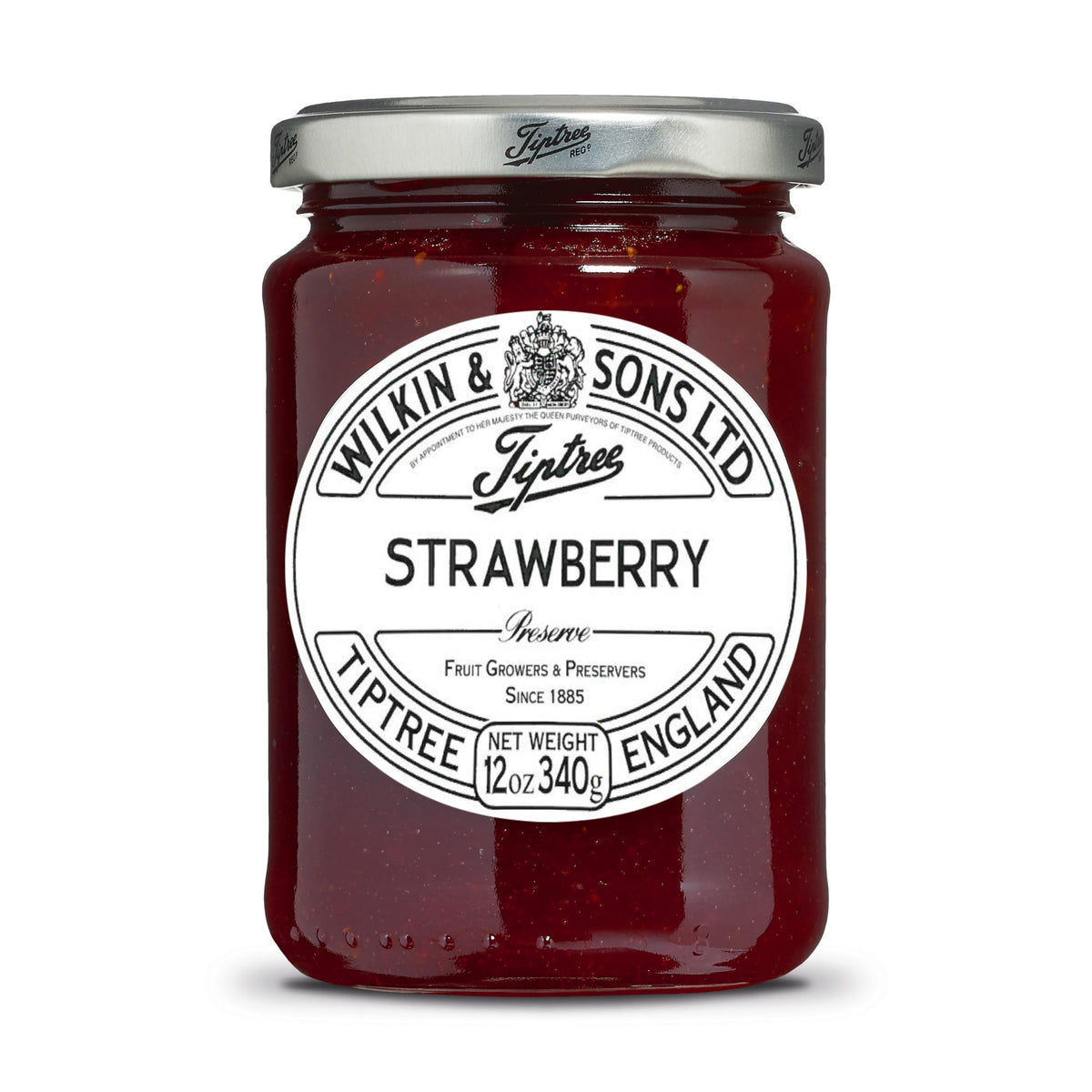 Tiptree Strawberry Preserve jar front view, ideal for spreading on toast