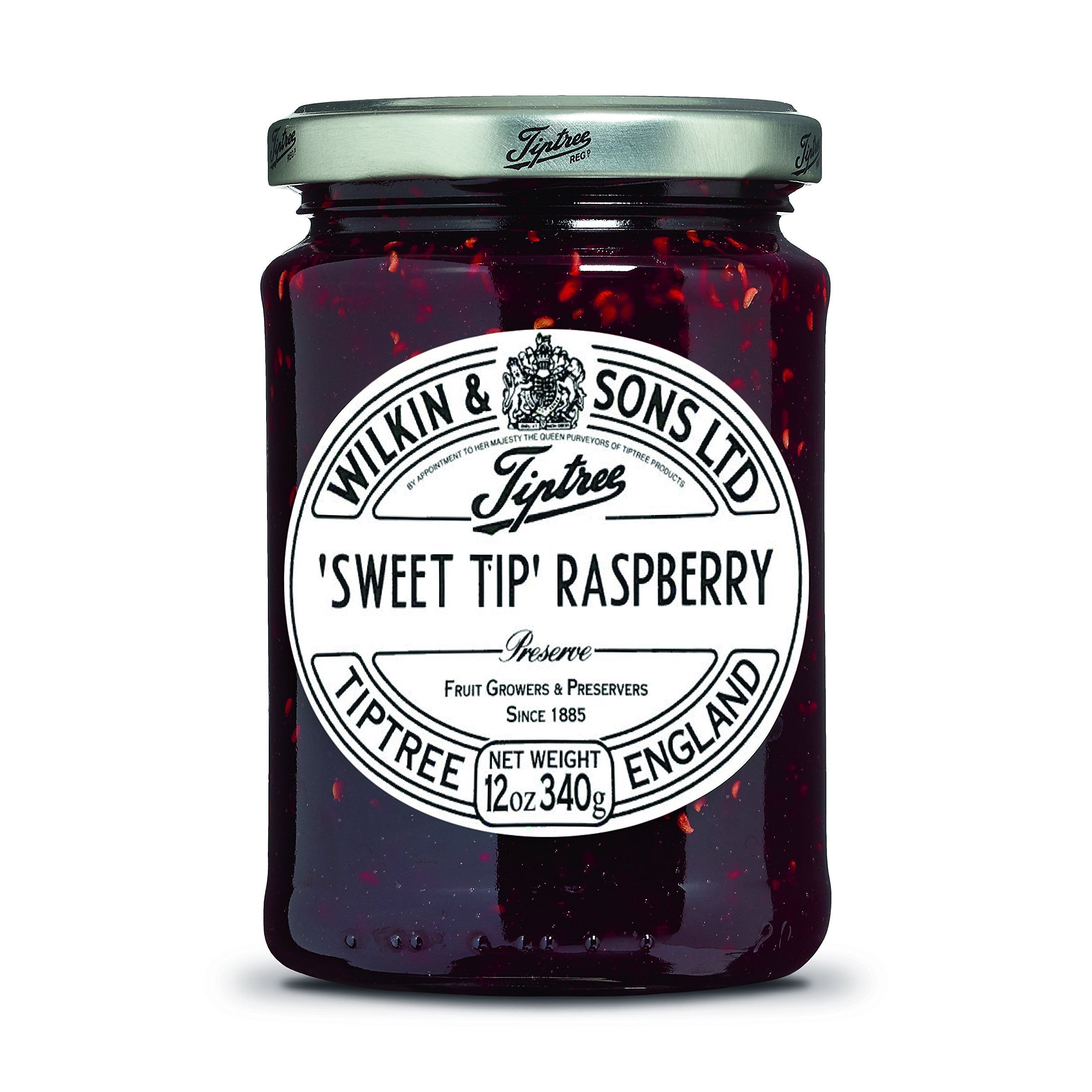 Tiptree Sweet Tip Raspberry Preserve jar on shelf showing premium fruit and craft