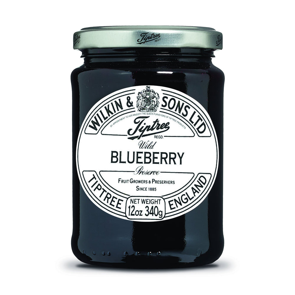 Tiptree Wild Blueberry Preserve jar front showing rich color for breakfast on toast