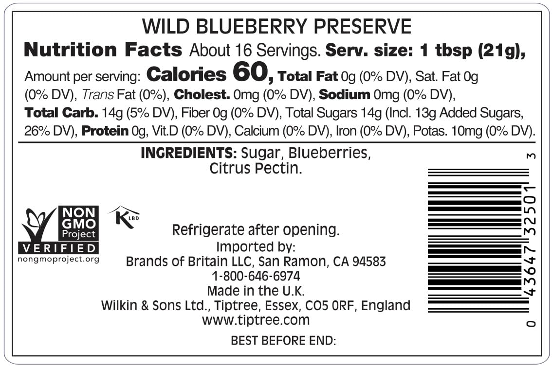 Tiptree Wild Blueberry Preserve label closeup highlighting premium flavor for desserts