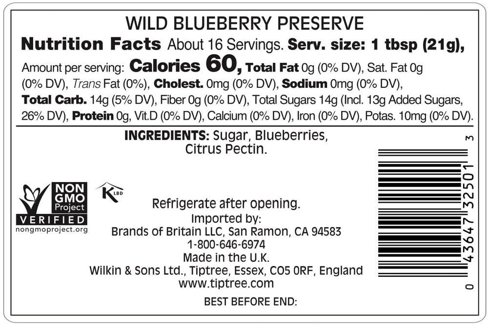 Tiptree Wild Blueberry Preserve label closeup highlighting premium flavor for desserts