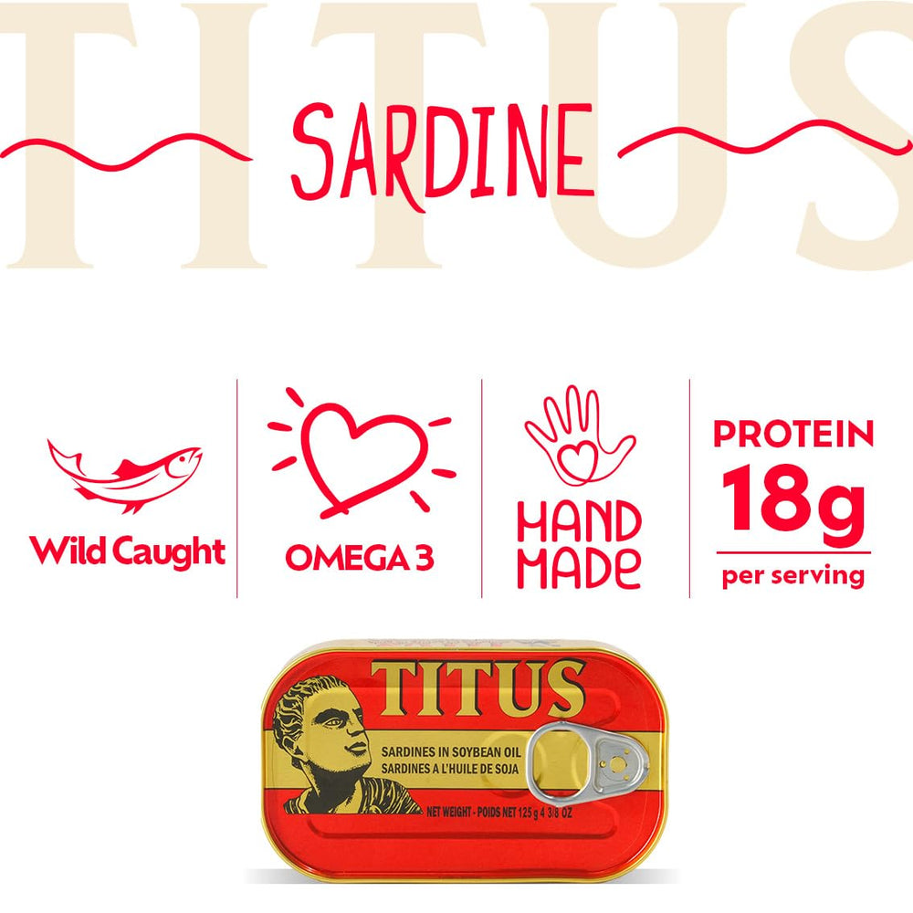 TITUS sardines close-up show tender fillets in oil, great for recipes.
