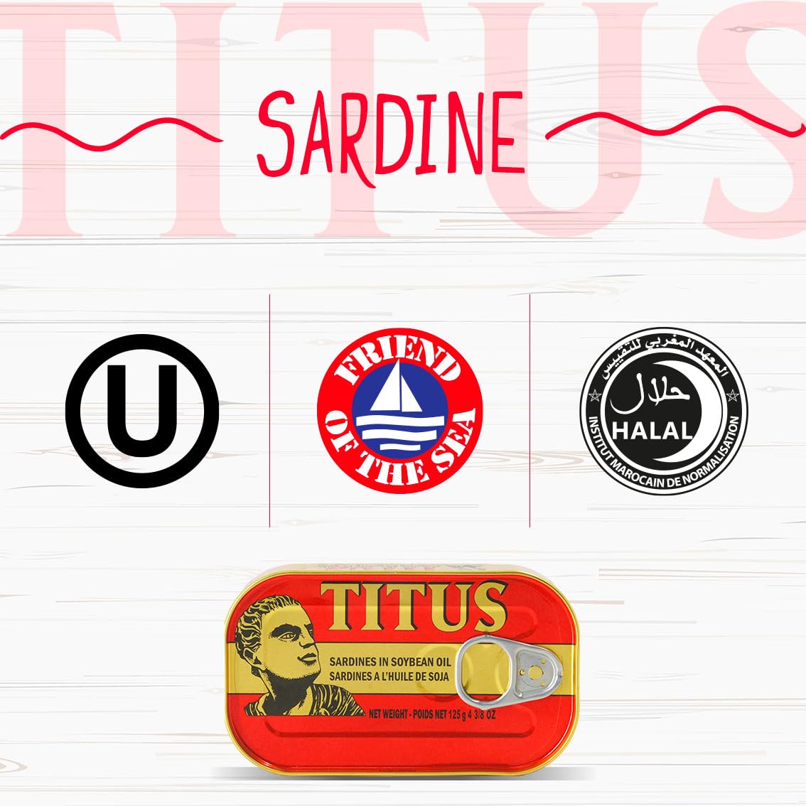 TITUS sardines pack of 12 cans stacked, long shelf life for pantry meals.