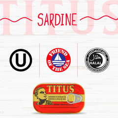 TITUS sardines pack of 12 cans stacked, long shelf life for pantry meals.