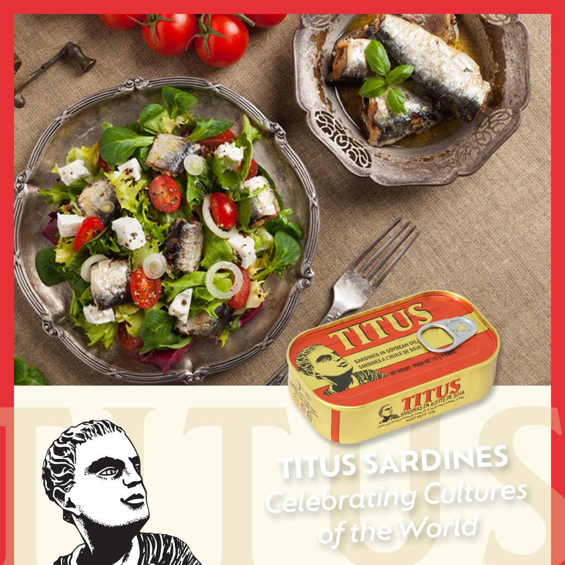 TITUS sardines served with salads or pasta, ready-to-eat protein option.