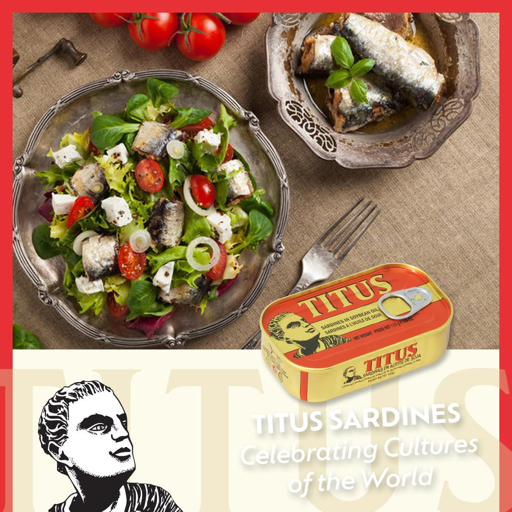 TITUS sardines served with salads or pasta, ready-to-eat protein option.