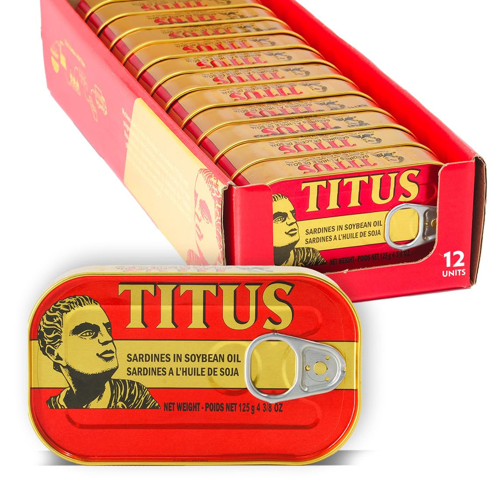 TITUS sardines in soybean oil can, rich flavor and convenient protein for meals.