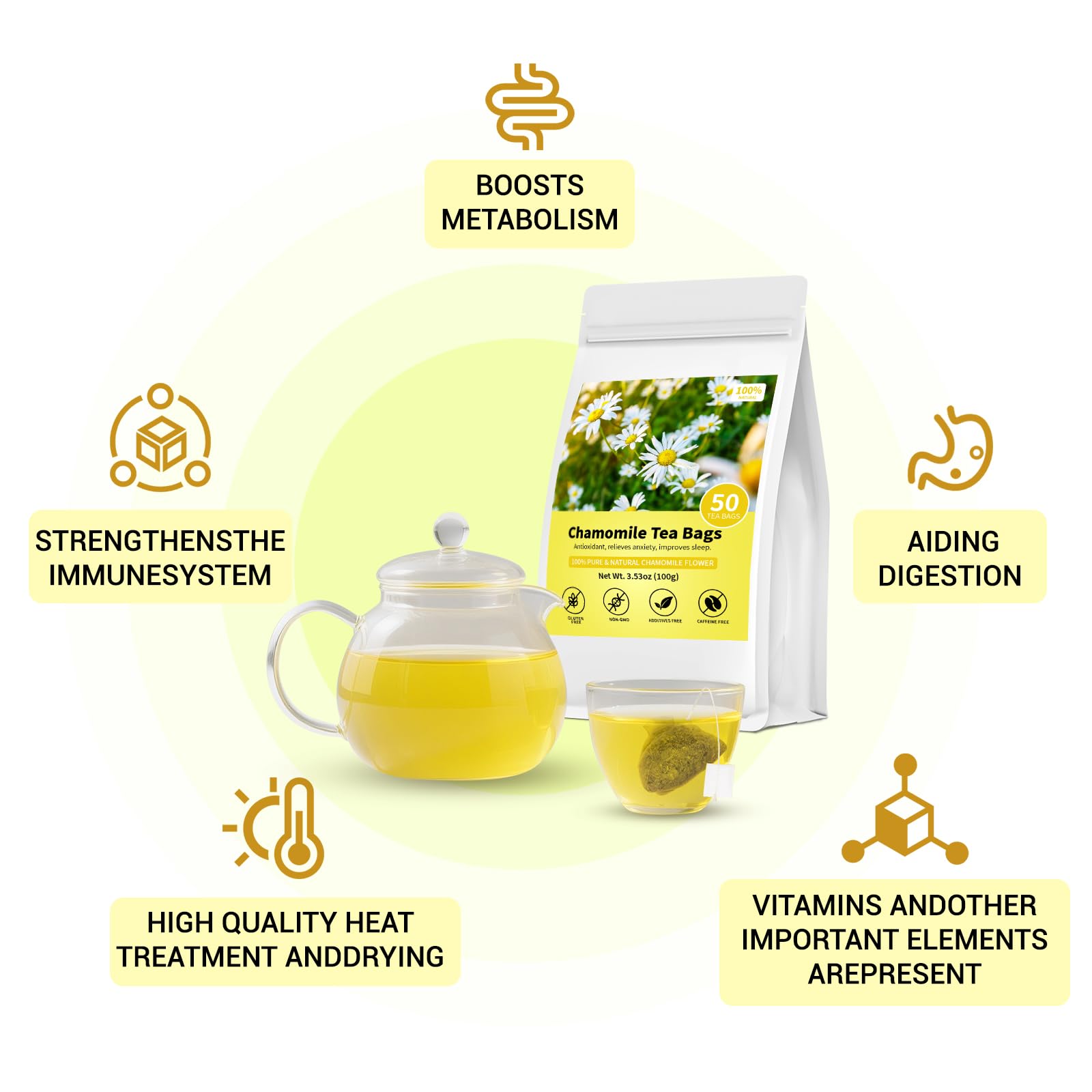 Tiucm Chamomile Tea Bags steeping in cup releasing floral aroma and calm mood.