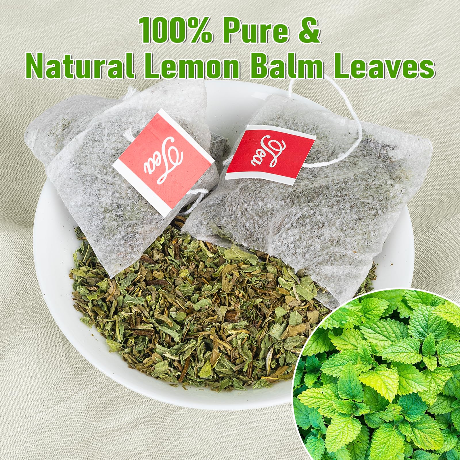 Tiucm Lemon Balm Tea bag in cup highlighting a calming, caffeine-free herbal ritual.
