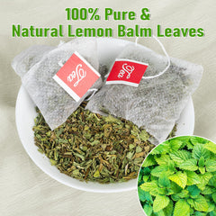 Tiucm Lemon Balm Tea bag in cup highlighting a calming, caffeine-free herbal ritual.