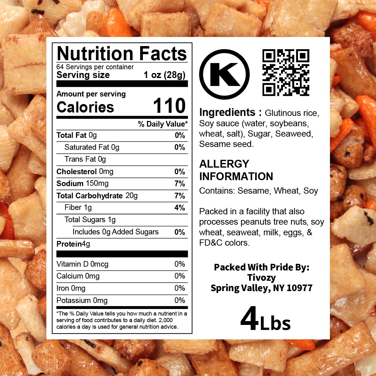 Tivozy Rice Cracker Mix on-the-go snack with bold Asian flavors.