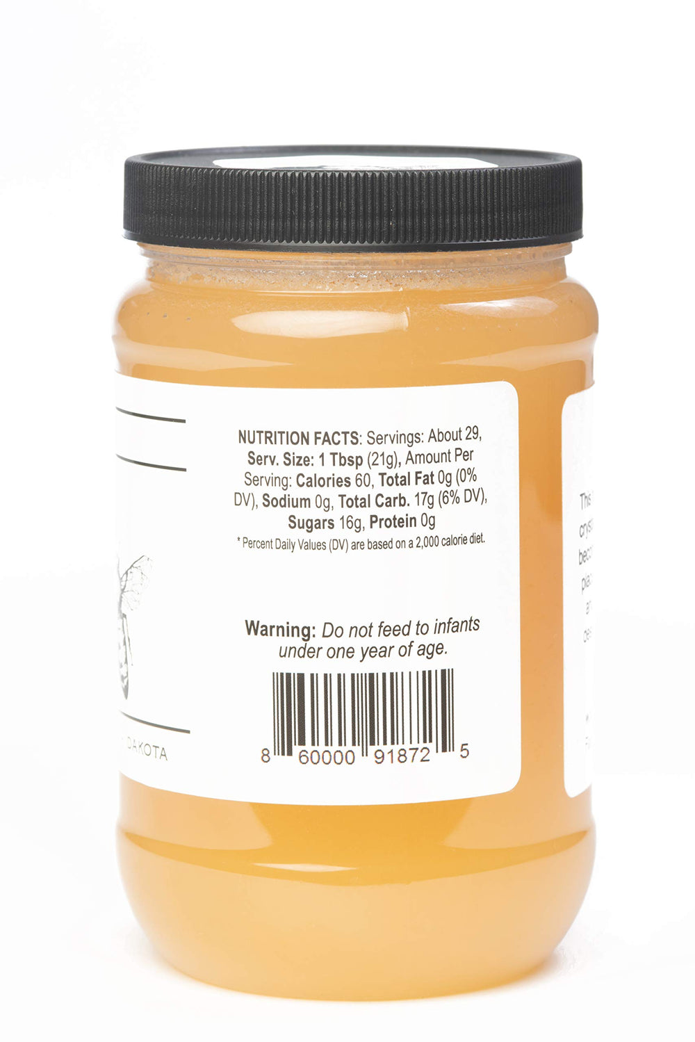 TJO Bees honey jar back label close-up highlighting natural, unfiltered quality.