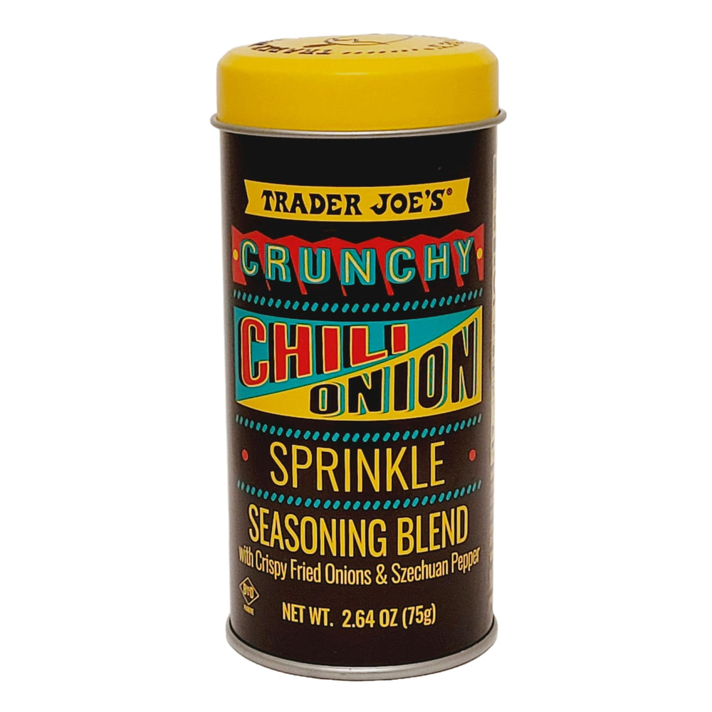 TJ's Crunchy Chili Onion Sprinkle bottle adds bold flavor and crunch.